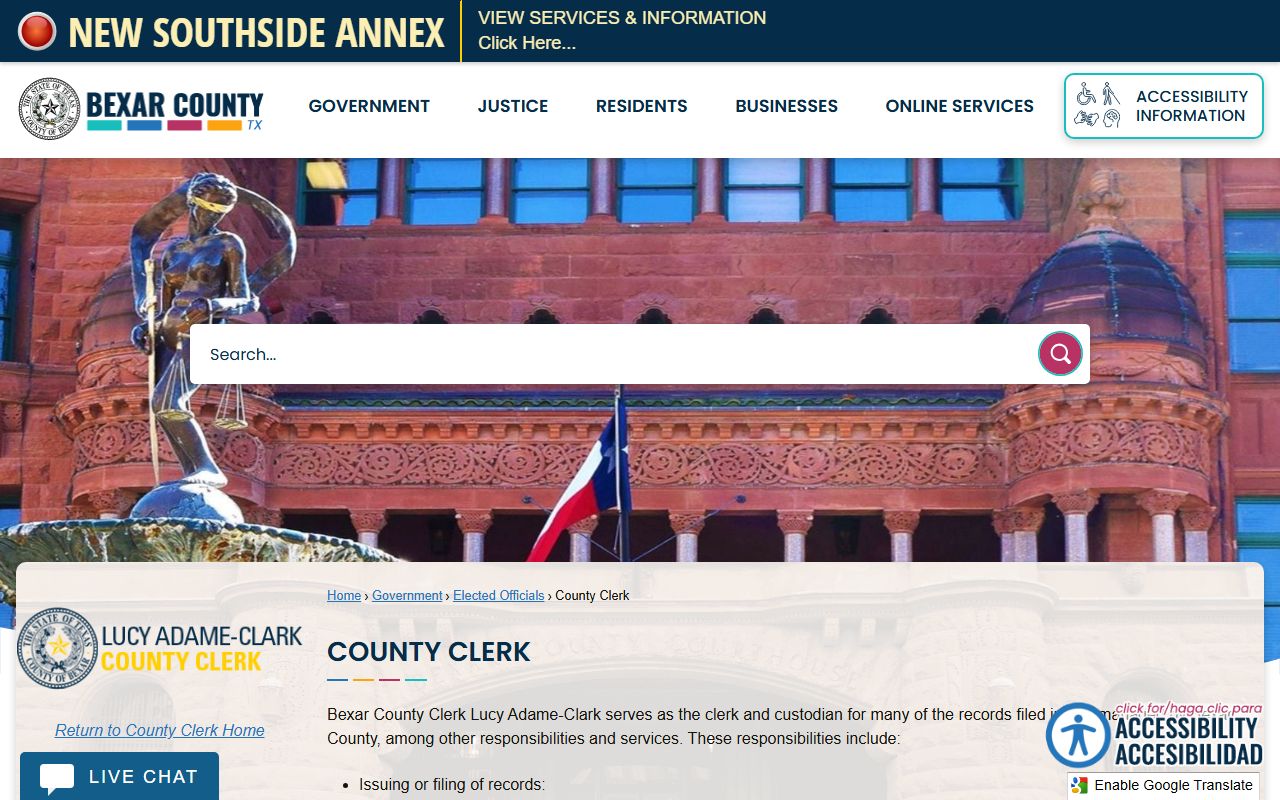 Bexar County Clerk main page showing record services