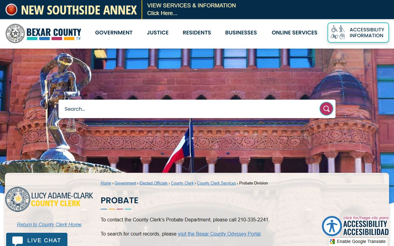 Bexar County probate division page with filing information and links