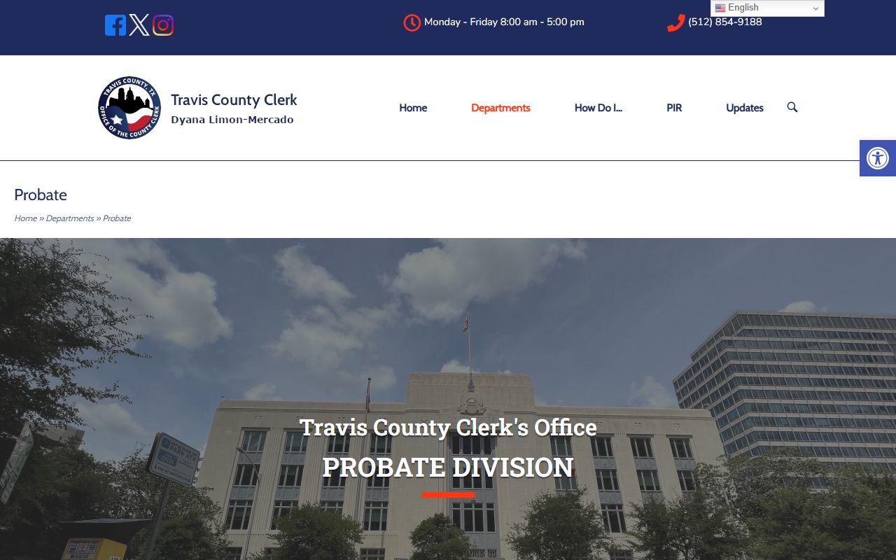 Travis County probate division page showing online search and contact details
