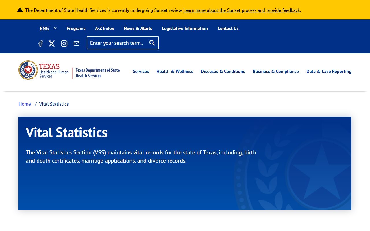 Texas DSHS Vital Statistics page for death certificates and probate court records