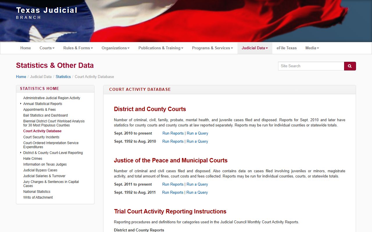 Texas Judicial Branch Court Activity Database for probate court records
