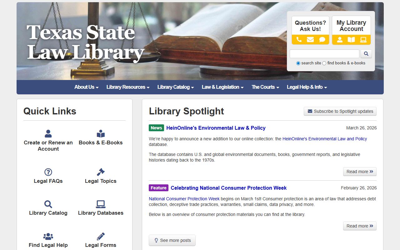 Texas State Law Library homepage for probate court records research